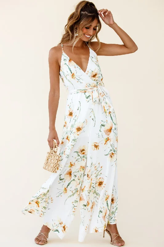 Women jumpsuits with pom - pom trims for a playful and festive lookMiso Wide-Leg Cami Jumpsuit Floral Print White Women jumpsuits with pom - pom trims for a playful and festive lookMiso Wide-Leg Cami Jumpsuit Floral Print White