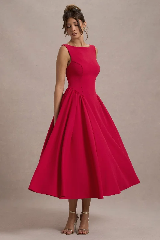 Lace - Embellished Women Dress for an Elegant and Sophisticated AppearanceMuriel | Red Boat-Neck Volume-Hem Midi Dress Lace - Embellished Women Dress for an Elegant and Sophisticated AppearanceMuriel | Red Boat-Neck Volume-Hem Midi Dress