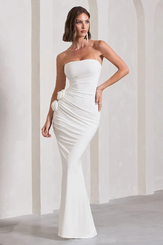 Ruffled Women Dress with Multiple Layers for a Playful and Girly StyleMy Muse | White Ruched Bandeau Split Maxi Dress With Flowers Ruffled Women Dress with Multiple Layers for a Playful and Girly StyleMy Muse | White Ruched Bandeau Split Maxi Dress With Flowers