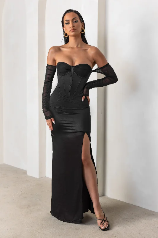 Shift Women Dress with a Simple and Classic Design for Everyday WearMy Prize | Black Satin Bardot Mesh Long Sleeve Maxi Dress With Thigh Split Shift Women Dress with a Simple and Classic Design for Everyday WearMy Prize | Black Satin Bardot Mesh Long Sleeve Maxi Dress With Thigh Split