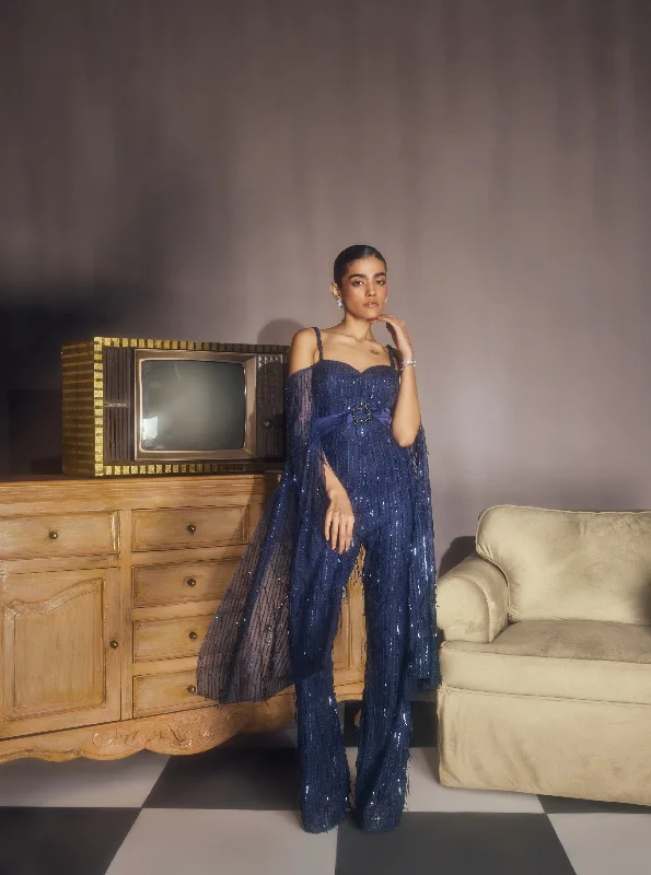 Women jumpsuits with bow - tie details for a sweet and charming appearanceHuyen Sapphire Embroidered Cape Sleeve Jumpsuit Women jumpsuits with bow - tie details for a sweet and charming appearanceHuyen Sapphire Embroidered Cape Sleeve Jumpsuit
