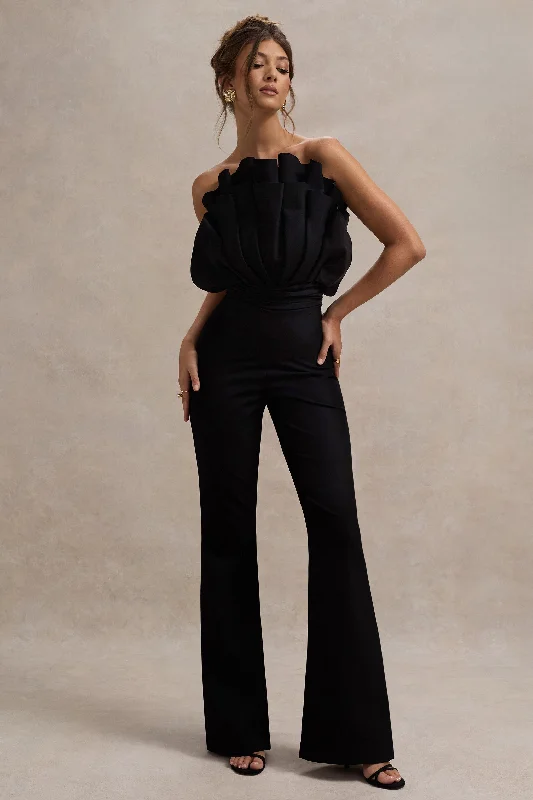 Women jumpsuits with a wrap - around design for a flattering fitNicia | Black Ruffled Strapless Flared-Leg Jumpsuit Women jumpsuits with a wrap - around design for a flattering fitNicia | Black Ruffled Strapless Flared-Leg Jumpsuit