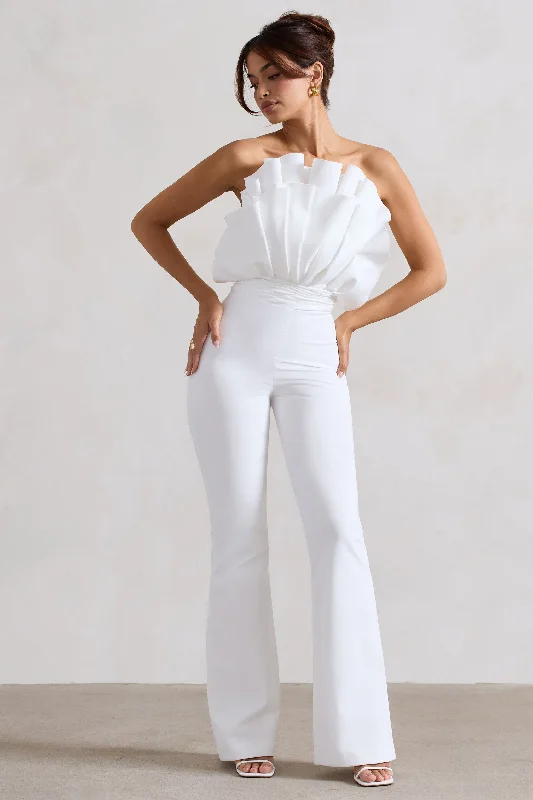 Women jumpsuits with off - the - shoulder tops for a flirty and stylish lookNicia | White Ruffled Strapless Flared-Leg Jumpsuit Women jumpsuits with off - the - shoulder tops for a flirty and stylish lookNicia | White Ruffled Strapless Flared-Leg Jumpsuit