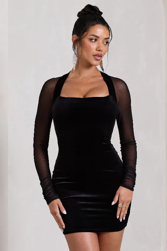 Ball Gown Women Dress with a Full Skirt for a Princess - like LookOff-Piste | Black Velvet Bodycon Mini Dress With Sheer Sleeves Ball Gown Women Dress with a Full Skirt for a Princess - like LookOff-Piste | Black Velvet Bodycon Mini Dress With Sheer Sleeves