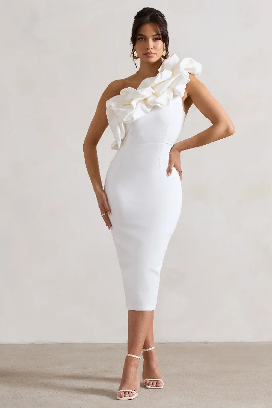 Wrap - Style Women Dress with Adjustable Fit for All Body TypesOrchestra | White One Shoulder Ruffled Midi Dress Wrap - Style Women Dress with Adjustable Fit for All Body TypesOrchestra | White One Shoulder Ruffled Midi Dress