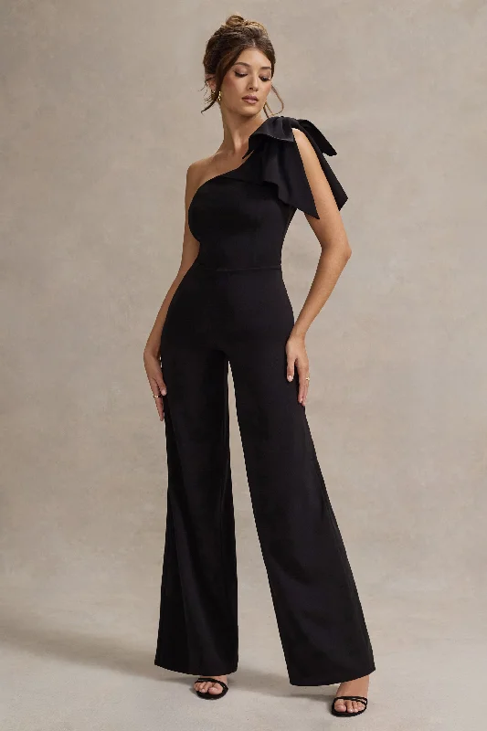Women jumpsuits with cut - out details on the bodice for a trendy and bold lookOrilla | Black One-Shoulder Wide-Leg Jumpsuit With Bow Women jumpsuits with cut - out details on the bodice for a trendy and bold lookOrilla | Black One-Shoulder Wide-Leg Jumpsuit With Bow