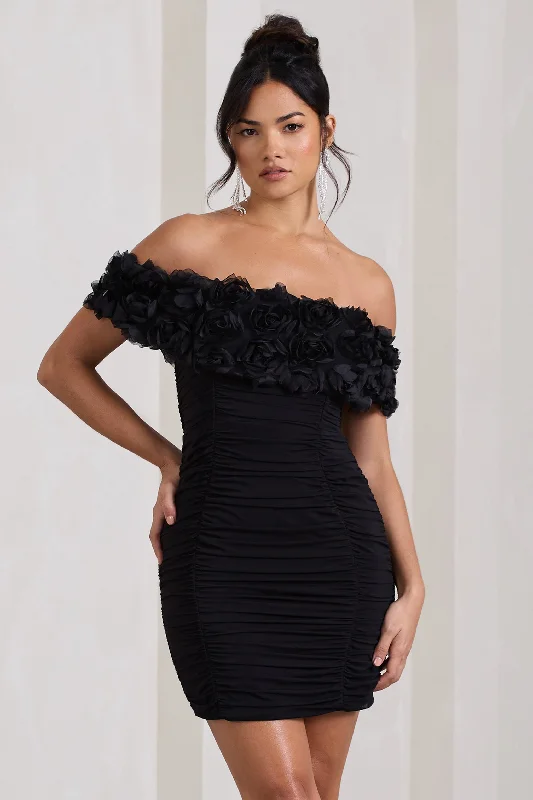 Backless Women Dress for a Sexy and Alluring Look at Evening EventsPass A Glass | Black Ruched Bardot Micro Mini Dress With Flowers Backless Women Dress for a Sexy and Alluring Look at Evening EventsPass A Glass | Black Ruched Bardot Micro Mini Dress With Flowers