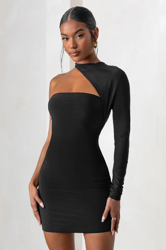 Mermaid - Style Women Dress with a Fitted Silhouette for Special OccasionsPerfect Touch | Black One Shoulder Long Sleeve Mini Dress Mermaid - Style Women Dress with a Fitted Silhouette for Special OccasionsPerfect Touch | Black One Shoulder Long Sleeve Mini Dress
