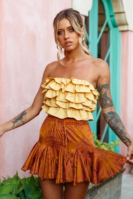 Plus Size Women Dress with a Flattering A - Line Cut for Comfort and StyleRobyn Flounce Mini Skirt Leaf Pattern Mustard Plus Size Women Dress with a Flattering A - Line Cut for Comfort and StyleRobyn Flounce Mini Skirt Leaf Pattern Mustard