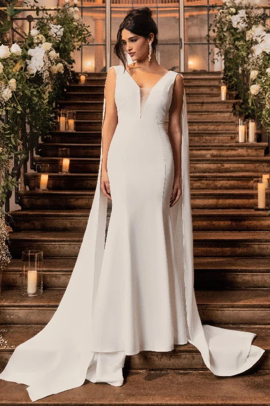 Strapless Women Dress with a Built - in Bra for Comfort and SupportRosaline | White Plunging Fishtail Maxi Dress With Cape Strapless Women Dress with a Built - in Bra for Comfort and SupportRosaline | White Plunging Fishtail Maxi Dress With Cape