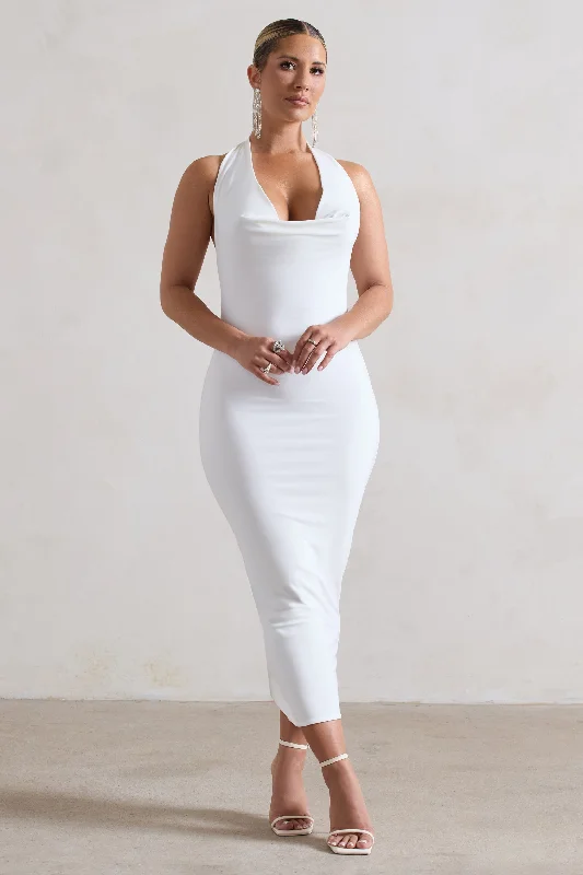 Sheath Women Dress with a Tailored Fit for a Professional LookRoulette | White Cowl-Neck Midi Dress Sheath Women Dress with a Tailored Fit for a Professional LookRoulette | White Cowl-Neck Midi Dress