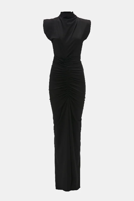 Mermaid - Style Women Dress with a Fitted Silhouette for Special OccasionsRuched Jersey Gown in Black Mermaid - Style Women Dress with a Fitted Silhouette for Special OccasionsRuched Jersey Gown in Black
