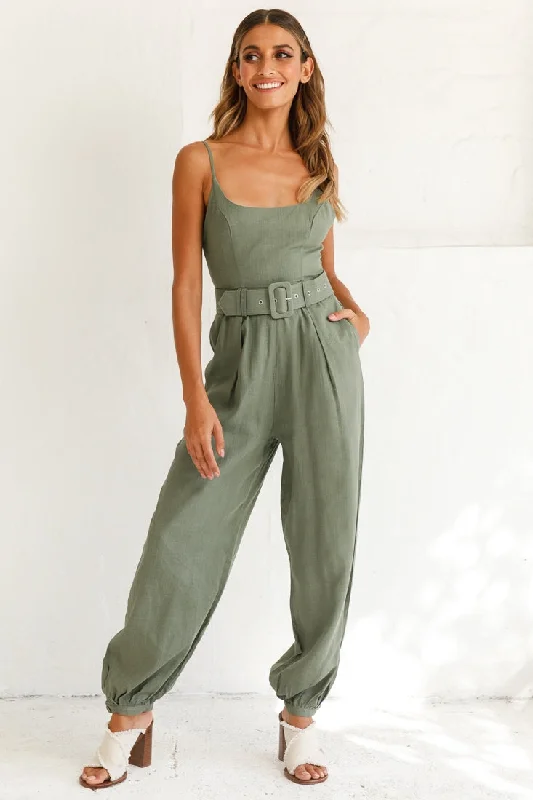 Sequined women jumpsuits for glamorous evening eventsSanta Barbara Cuffed Hem Belted Jumpsuit Olive Sequined women jumpsuits for glamorous evening eventsSanta Barbara Cuffed Hem Belted Jumpsuit Olive