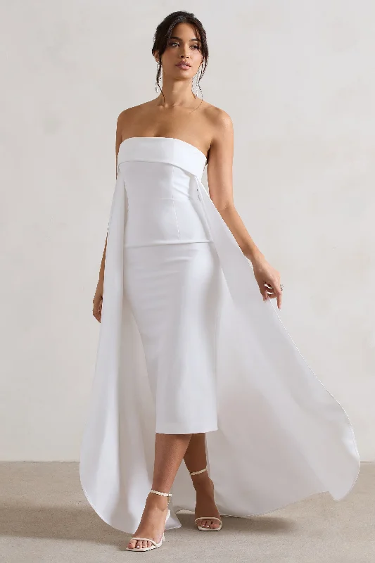 Pleated Women Dress with a Timeless and Elegant TextureSave The Date | Cream Bandeau Midi Dress With Train Pleated Women Dress with a Timeless and Elegant TextureSave The Date | Cream Bandeau Midi Dress With Train