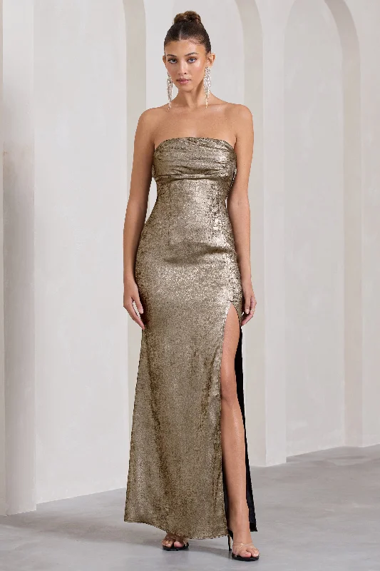 Printed Abstract Women Dress for a Modern and Artistic AppealShowstopper | Gold Metallic Strapless Open-Back Split Maxi Dress Printed Abstract Women Dress for a Modern and Artistic AppealShowstopper | Gold Metallic Strapless Open-Back Split Maxi Dress