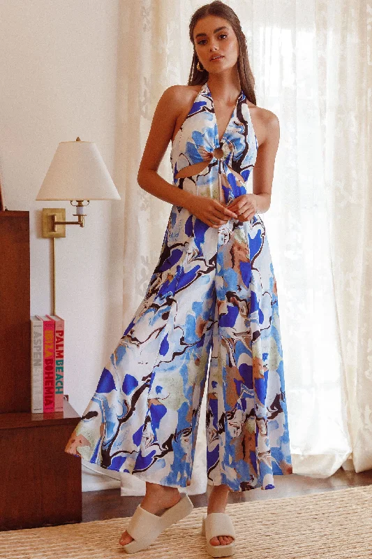 Women jumpsuits with cut - out details on the bodice for a trendy and bold lookSolstice Sun Halterneck Jumpsuit Swirl Blue Women jumpsuits with cut - out details on the bodice for a trendy and bold lookSolstice Sun Halterneck Jumpsuit Swirl Blue