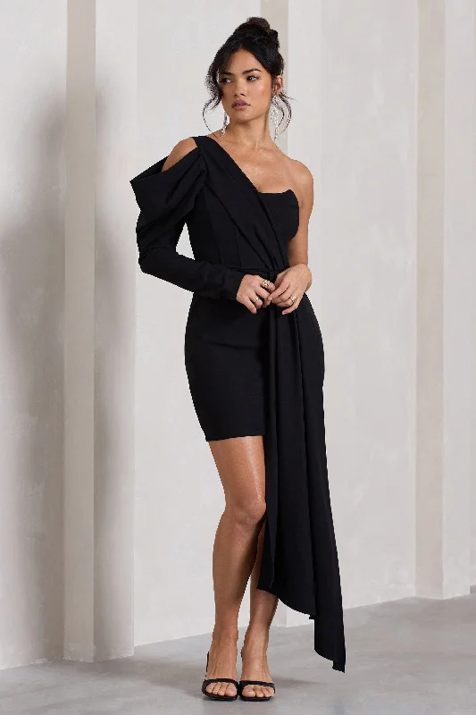 Off - the - Shoulder Women Dress for a Romantic and Feminine LookSurprise | Black One-Sleeved Corset Mini Dress With Draping Off - the - Shoulder Women Dress for a Romantic and Feminine LookSurprise | Black One-Sleeved Corset Mini Dress With Draping