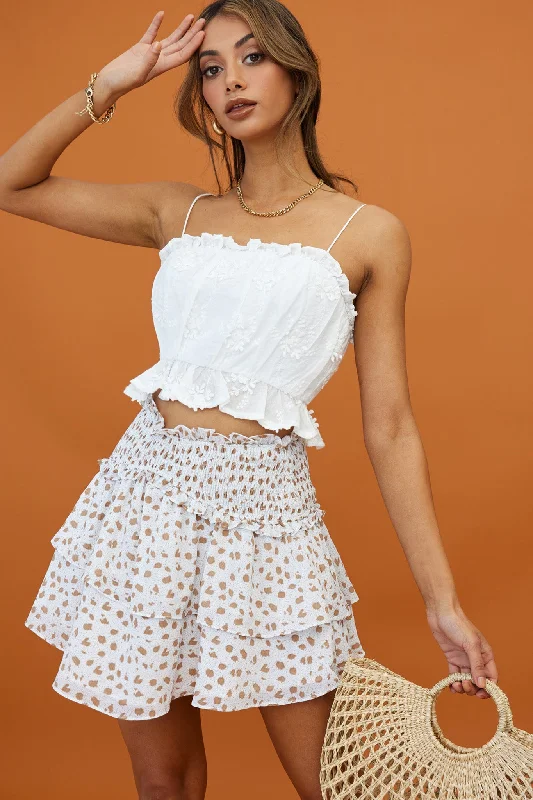 Plus Size Women Dress with a Flattering A - Line Cut for Comfort and StyleSylvie Shirred Waist Layered Mini Skirt White Plus Size Women Dress with a Flattering A - Line Cut for Comfort and StyleSylvie Shirred Waist Layered Mini Skirt White
