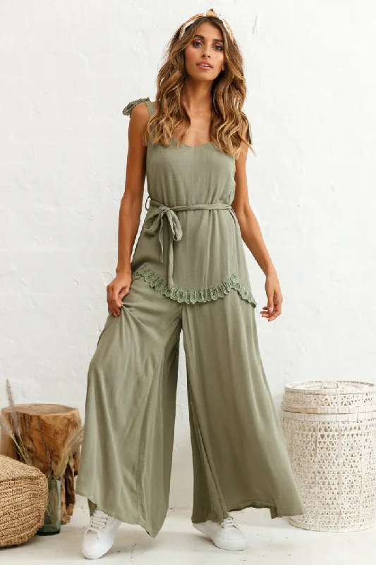 Women jumpsuits with spaghetti - strap tops for a delicate and breezy lookTalitha Tie Strap Wide Leg Jumpsuit Khaki Women jumpsuits with spaghetti - strap tops for a delicate and breezy lookTalitha Tie Strap Wide Leg Jumpsuit Khaki