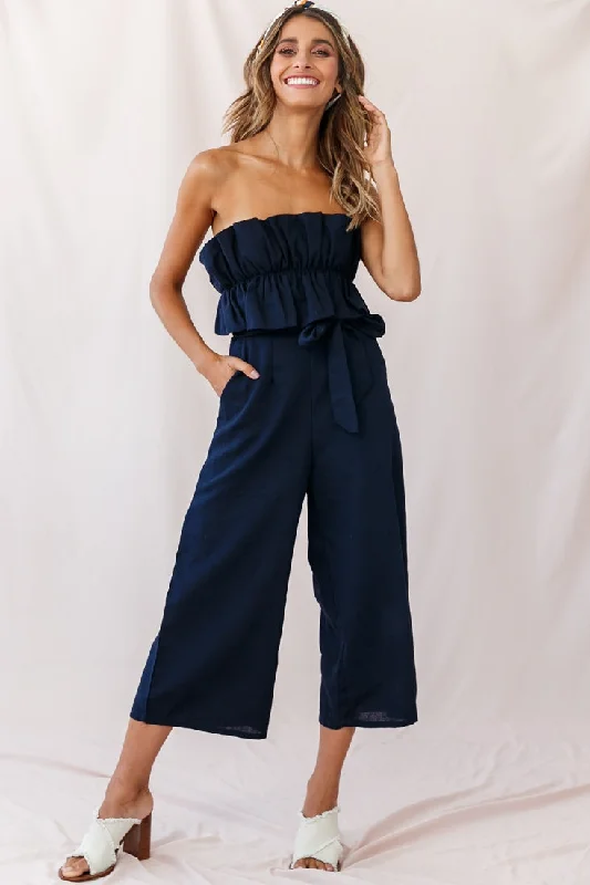 Women jumpsuits with pocket details for added functionality and convenienceThea Ruffle Crop Top Jumpsuit Navy Women jumpsuits with pocket details for added functionality and convenienceThea Ruffle Crop Top Jumpsuit Navy