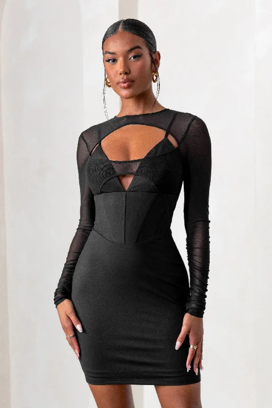 Backless Women Dress for a Sexy and Alluring Look at Evening EventsThis Moment | Black High Neck Cut Out Mini Dress With Mesh Sleeves Backless Women Dress for a Sexy and Alluring Look at Evening EventsThis Moment | Black High Neck Cut Out Mini Dress With Mesh Sleeves