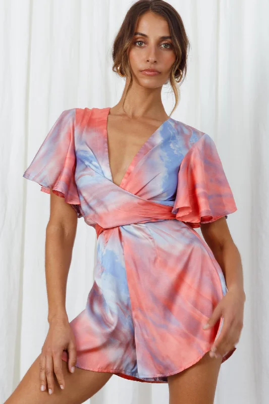 Mermaid - Style Women Dress with a Fitted Silhouette for Special OccasionsUnconditional Plunging Wrap Style Romper Marbled Tie Dye Red/Purple Mermaid - Style Women Dress with a Fitted Silhouette for Special OccasionsUnconditional Plunging Wrap Style Romper Marbled Tie Dye Red/Purple