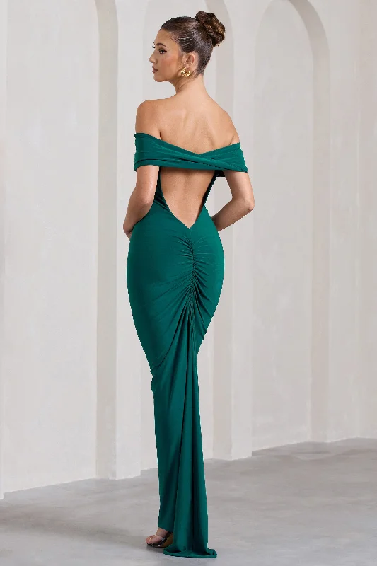 Mini Women Dress with a Short Hem for a Young and Trendy StyleVivienne | Bottle Green Bardot Open-Back Maxi Dress Mini Women Dress with a Short Hem for a Young and Trendy StyleVivienne | Bottle Green Bardot Open-Back Maxi Dress