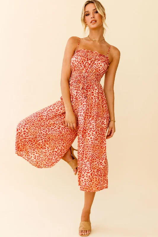 Women jumpsuits with polka - dot patterns for a classic and playful styleWeekend Escape Cami Strap Drawstring Jumpsuit Animal Print Orange Women jumpsuits with polka - dot patterns for a classic and playful styleWeekend Escape Cami Strap Drawstring Jumpsuit Animal Print Orange