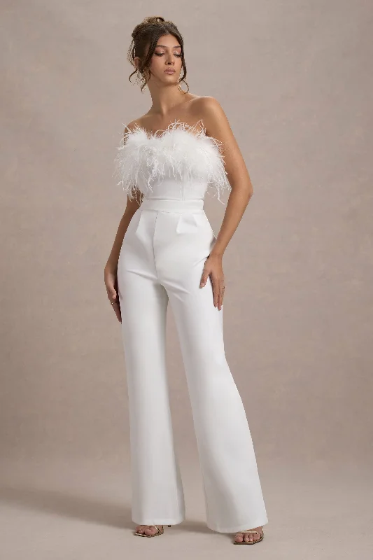 Women jumpsuits with wide - leg pants for a trendy and comfortable fitFirst Class | White Bandeau Feather Wide Leg Jumpsuit Women jumpsuits with wide - leg pants for a trendy and comfortable fitFirst Class | White Bandeau Feather Wide Leg Jumpsuit