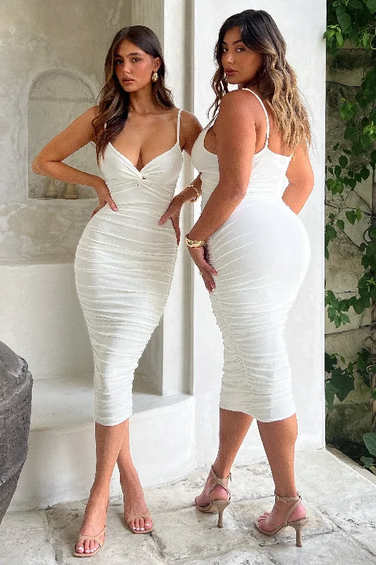 Strapless Women Dress with a Built - in Bra for Comfort and SupportDesired | White Knot Detail Ruched Midi Dress Strapless Women Dress with a Built - in Bra for Comfort and SupportDesired | White Knot Detail Ruched Midi Dress
