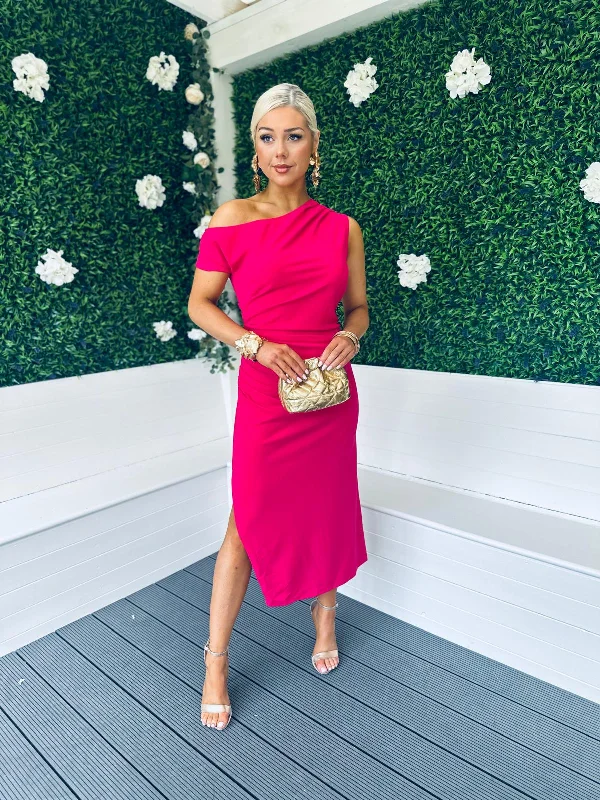 Off - the - Shoulder Women Dress for a Romantic and Feminine Look Off - the - Shoulder Women Dress for a Romantic and Feminine Look Donna Asymmetric Neckline Midi Dress Magenta Off - the - Shoulder Women Dress for a Romantic and Feminine Look Off - the - Shoulder Women Dress for a Romantic and Feminine Look Donna Asymmetric Neckline Midi Dress Magenta