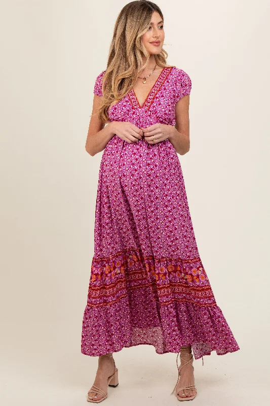Empire Waist Women Dress to Accentuate the Bust and Conceal the Waist Empire Waist Women Dress to Accentuate the Bust and Conceal the Waist Magenta Floral Border Print Ruffle Maternity Maxi Dress Empire Waist Women Dress to Accentuate the Bust and Conceal the Waist Empire Waist Women Dress to Accentuate the Bust and Conceal the Waist Magenta Floral Border Print Ruffle Maternity Maxi Dress