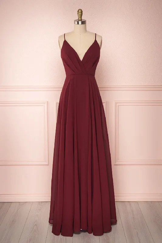 Midi dresses with bow accents for a sweet and charming lookAelis Burgundy | Pleated Plunging V-Neckline Gown Midi dresses with bow accents for a sweet and charming lookAelis Burgundy | Pleated Plunging V-Neckline Gown