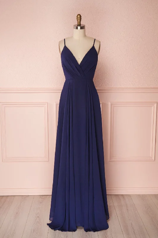 Midi dresses with cotton - blend materials for everyday comfortAelis Navy | Pleated Plunging V-Neckline Gown Midi dresses with cotton - blend materials for everyday comfortAelis Navy | Pleated Plunging V-Neckline Gown