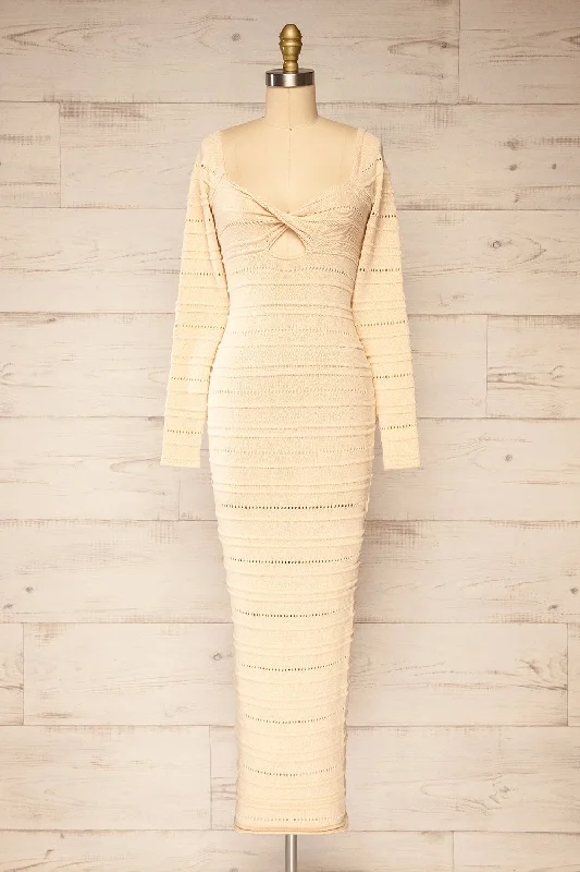 Midi dresses with printed lining for a hidden and stylish detailBangui | Beige Knit Openwork Midi Dress Midi dresses with printed lining for a hidden and stylish detailBangui | Beige Knit Openwork Midi Dress
