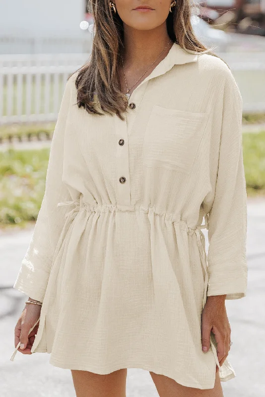 Midi dresses with ruched sleeves for a more fitted and stylish arm lookGauze Drawstring Waist Buttoned Dress Midi dresses with ruched sleeves for a more fitted and stylish arm lookGauze Drawstring Waist Buttoned Dress