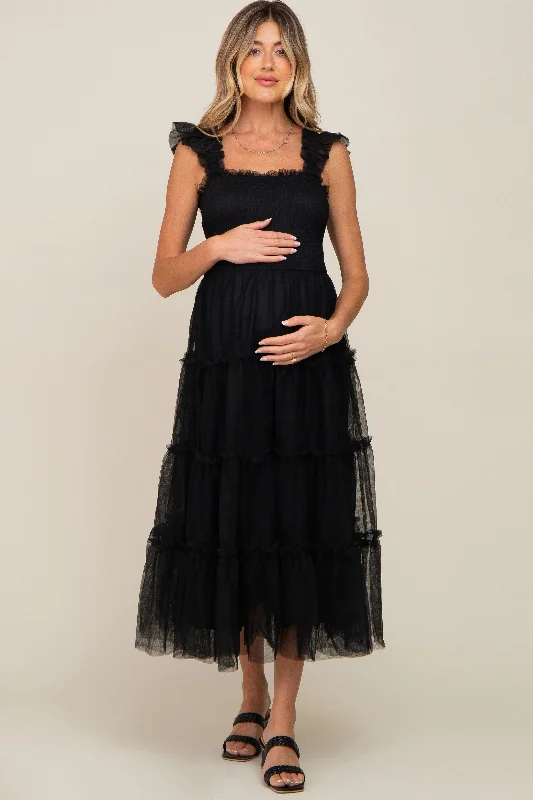 Midi dresses with pom - pom trims for a playful and festive lookBlack Smocked Mesh Ruffle Accent Maternity Midi Dress Midi dresses with pom - pom trims for a playful and festive lookBlack Smocked Mesh Ruffle Accent Maternity Midi Dress