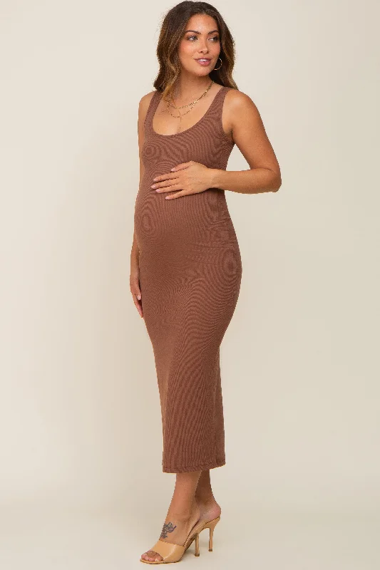 Midi dresses with one - shoulder designs for a modern and asymmetric styleBrown Ribbed Basic Maternity Maxi Dress Midi dresses with one - shoulder designs for a modern and asymmetric styleBrown Ribbed Basic Maternity Maxi Dress