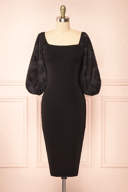Midi dresses with puff sleeves for a vintage - inspired lookCalixta | Black Midi Dress w/ Textured Sleeves Midi dresses with puff sleeves for a vintage - inspired lookCalixta | Black Midi Dress w/ Textured Sleeves