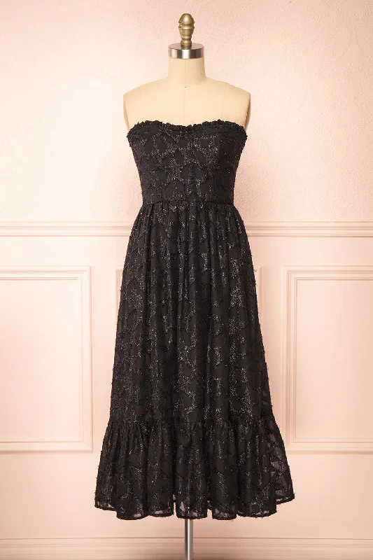 Midi dresses with button - front designs for a classic touchElspeth | Star Pattern Black Strapless Midi Dress Midi dresses with button - front designs for a classic touchElspeth | Star Pattern Black Strapless Midi Dress