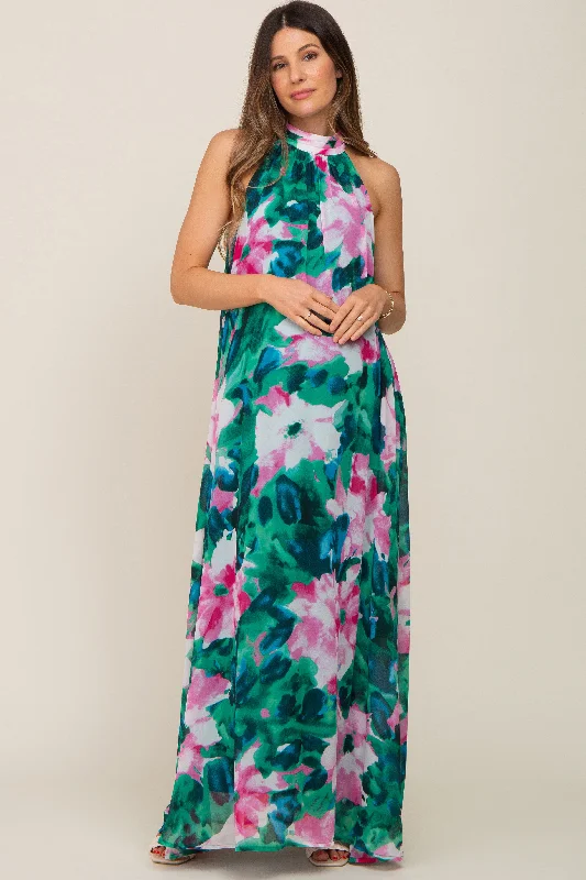 Midi dresses with cotton - blend materials for everyday comfortGreen Multi-Color Halter Maternity Maxi Dress Midi dresses with cotton - blend materials for everyday comfortGreen Multi-Color Halter Maternity Maxi Dress