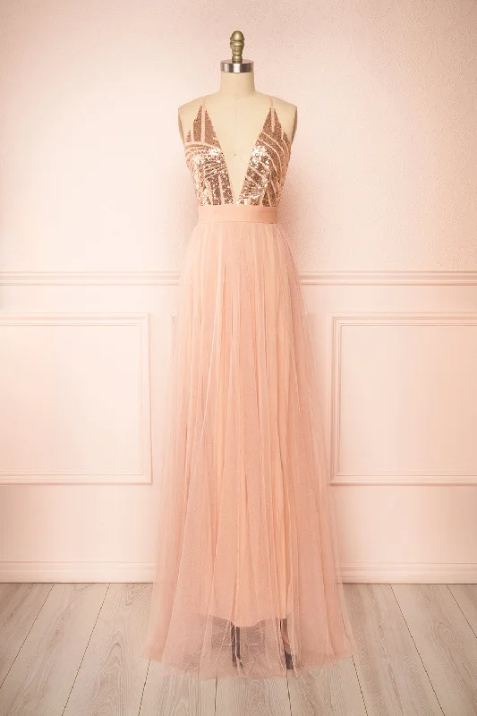 Midi dresses with pleated bodices for a classic and tailored lookKaia Pink | Dusty Pink Sequin Gown Midi dresses with pleated bodices for a classic and tailored lookKaia Pink | Dusty Pink Sequin Gown