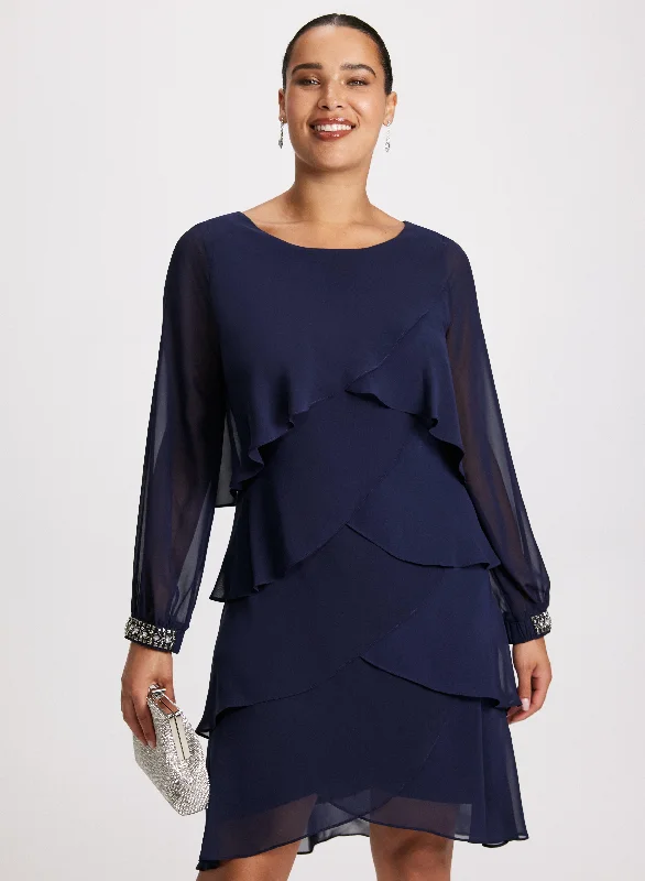 Midi dresses with gathered skirts for a full and flowing silhouetteLayered Ruffle Chiffon Dress Midi dresses with gathered skirts for a full and flowing silhouetteLayered Ruffle Chiffon Dress