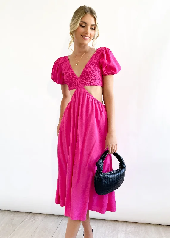 Midi dresses with cold - shoulder cutouts for a trendy styleLee Cut-Out Midi Dress - Hot Pink Midi dresses with cold - shoulder cutouts for a trendy styleLee Cut-Out Midi Dress - Hot Pink