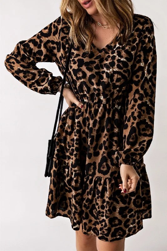 Midi dresses with ruffled bodices for a more pronounced feminine lookLeopard Ruffle Long Sleeve Dress Midi dresses with ruffled bodices for a more pronounced feminine lookLeopard Ruffle Long Sleeve Dress