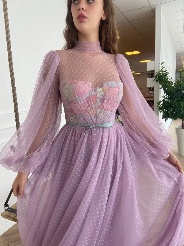High - low midi dresses with geometric patterns for a modern partyLilac Dotted Dress High - low midi dresses with geometric patterns for a modern partyLilac Dotted Dress