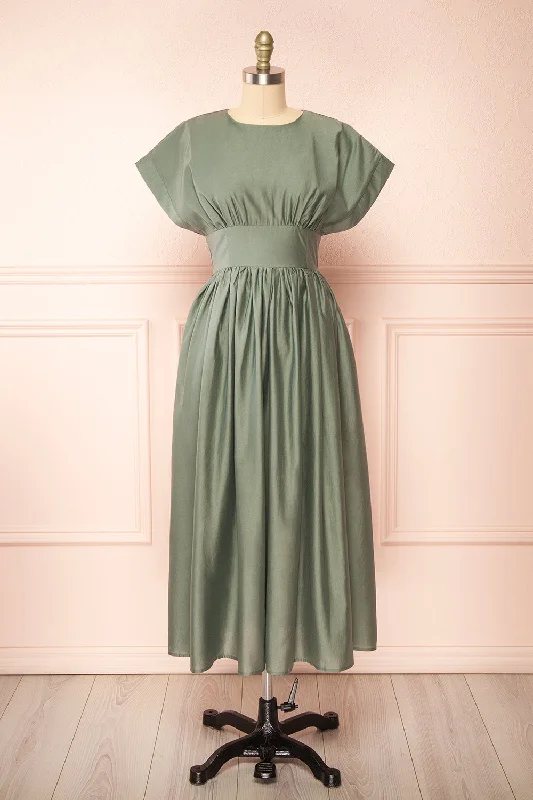 Midi dresses with pom - pom trims for a playful and festive lookMiriel | Sage Midi Dress w/ Short Sleeves Midi dresses with pom - pom trims for a playful and festive lookMiriel | Sage Midi Dress w/ Short Sleeves