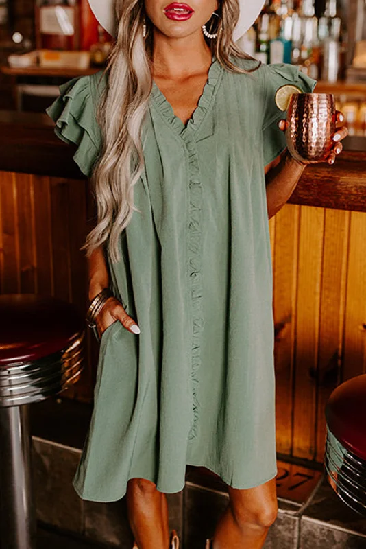 A - line midi dresses with floral prints for spring brunchesRuffle Short Sleeve Buttoned Dress A - line midi dresses with floral prints for spring brunchesRuffle Short Sleeve Buttoned Dress