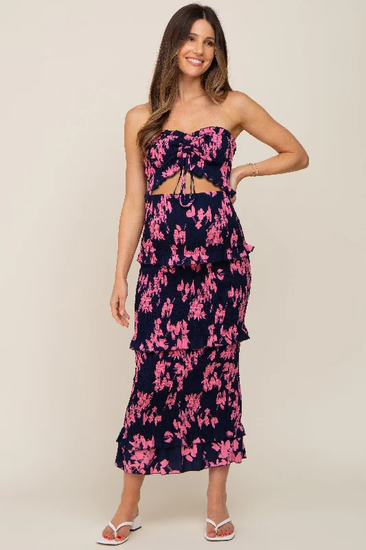 Midi dresses with metallic threads for a glamorous evening eventNavy Blue Floral Smocked Drawstring Front Cutout Ruffle Trim Maternity Midi Dress Midi dresses with metallic threads for a glamorous evening eventNavy Blue Floral Smocked Drawstring Front Cutout Ruffle Trim Maternity Midi Dress