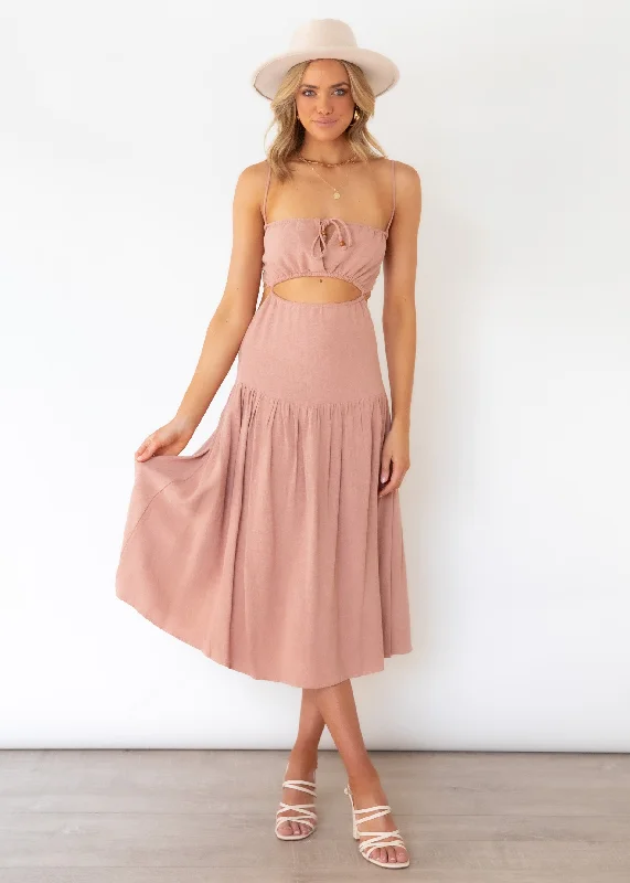 Midi dresses with geometric cutouts for a contemporary and edgy lookNia Midi Dress - Mocha Midi dresses with geometric cutouts for a contemporary and edgy lookNia Midi Dress - Mocha